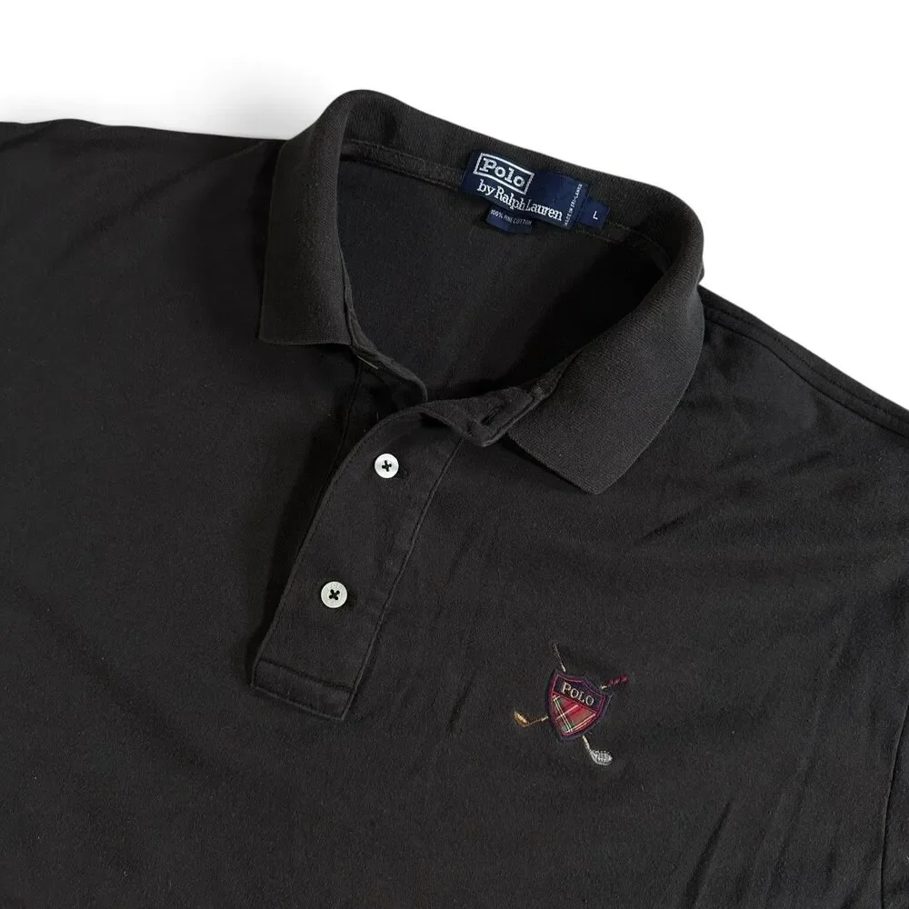 POLO Ralph Lauren Vintage Black Golf  Polo Shirt L 100% Cotton Embroidered Crest